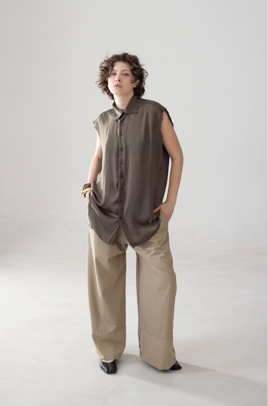 khaki satin shirt